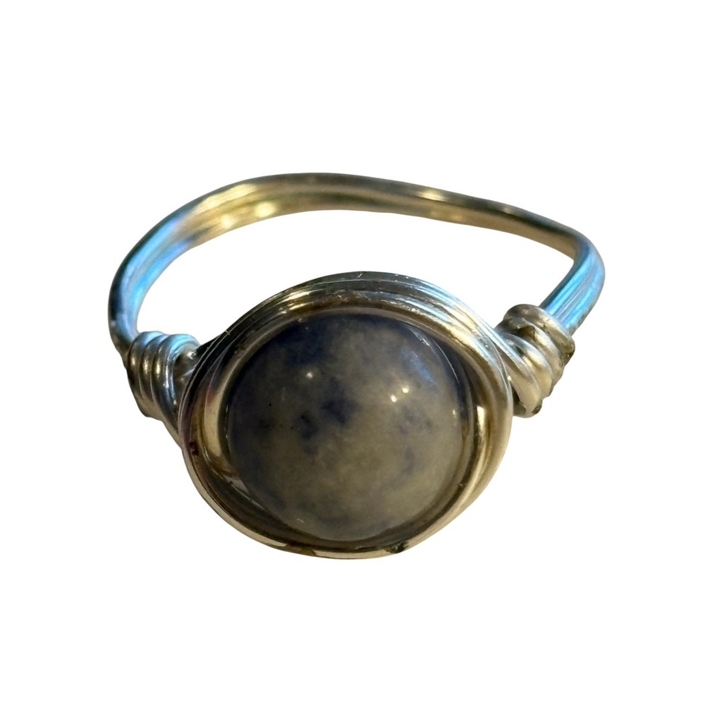 Sodalite Stone Ring Handtied Wire Wrap Gemstone Silver Tone Size 5.75 Blue White